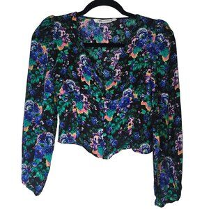 Dark Academia Zara Floral Print Long Sleeve Top XS Black Ditsy